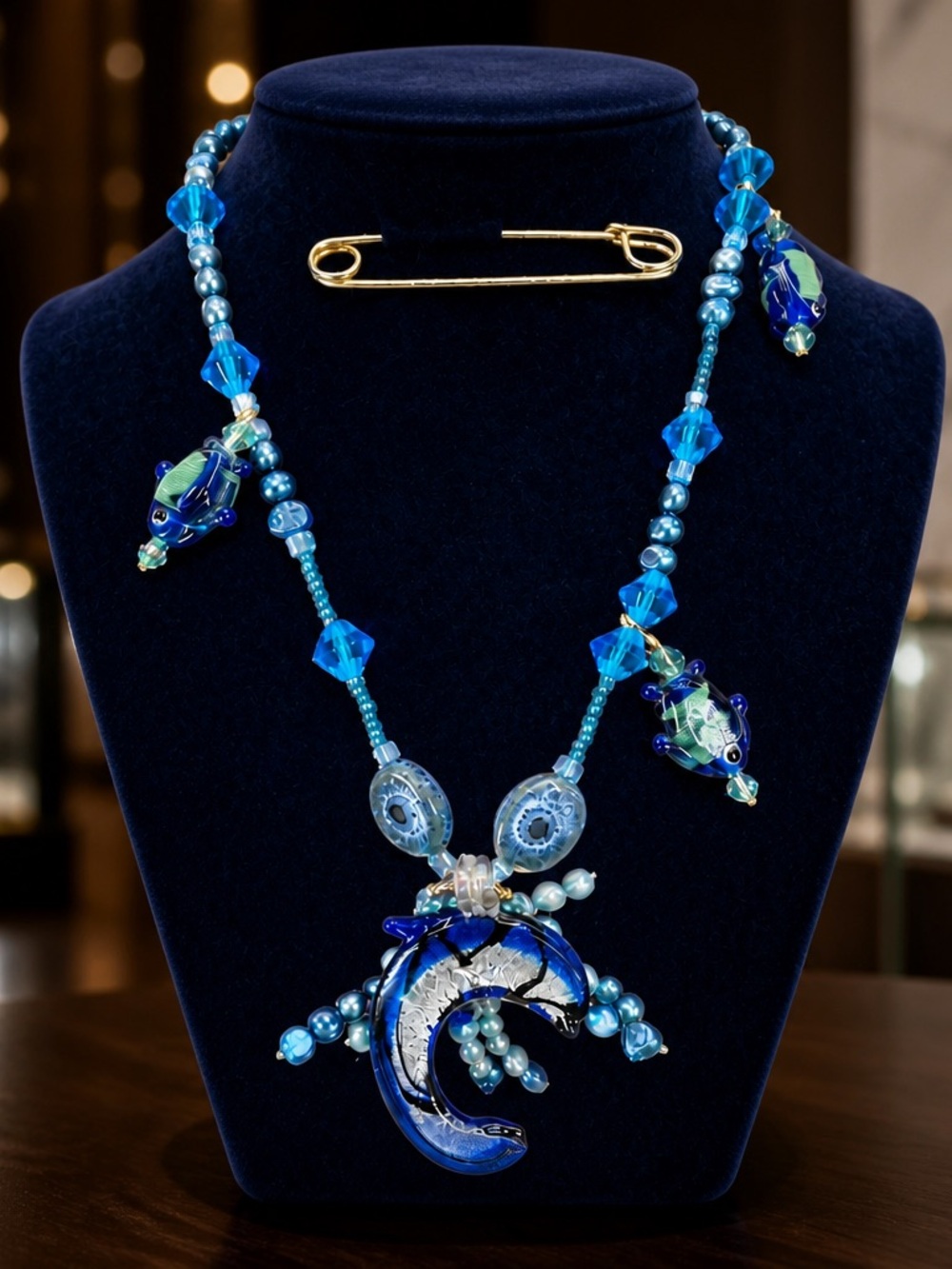 Handcrafted Blue Glass Dolphin Necklace - Women's Jewelry